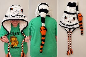 Handmade Crochet Halloween Skeleton Hood Hat w/ Long Braids & Orange Black Tail